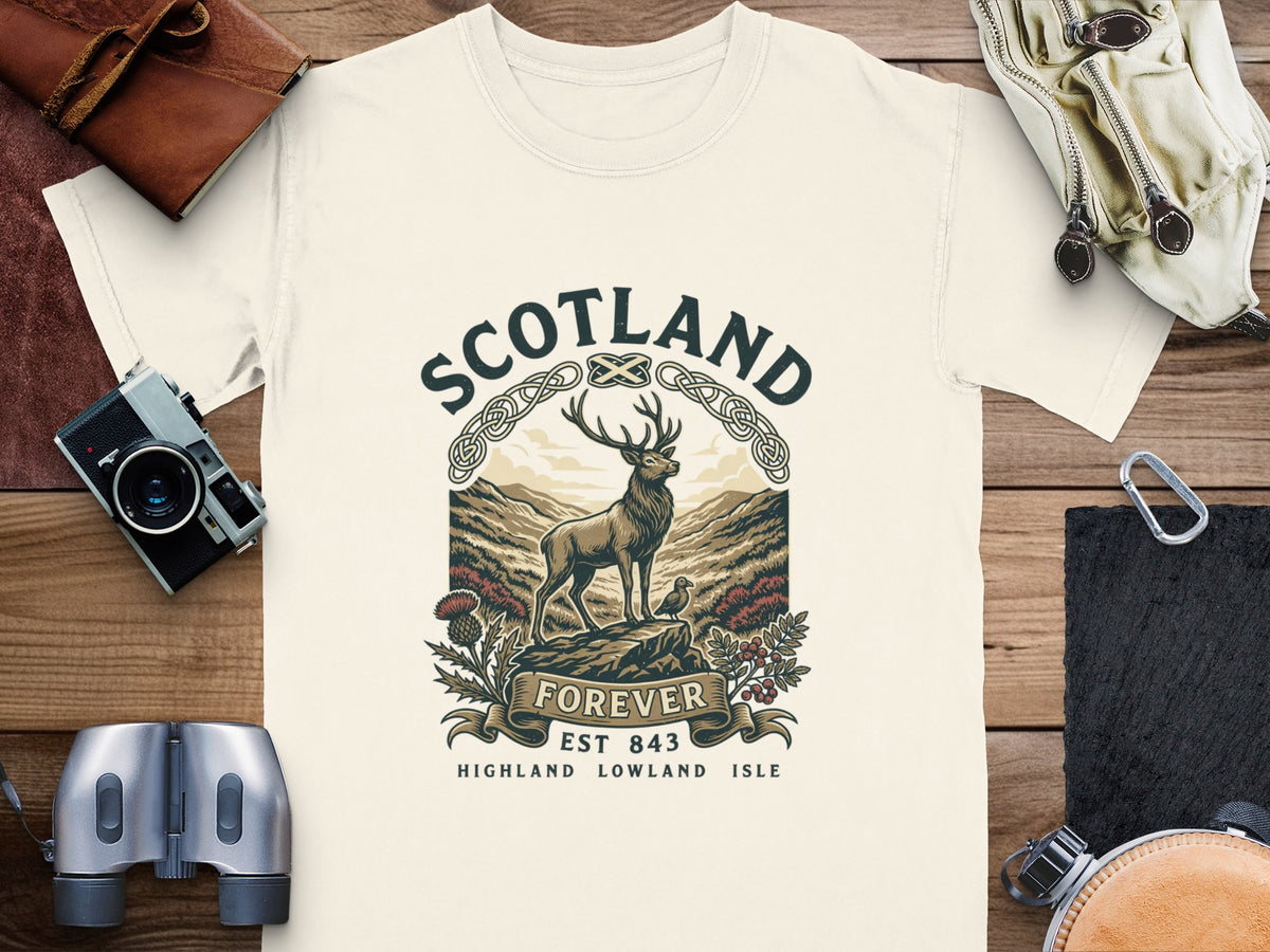 T-shirt with Scotland Forever graphic: deer, bird, thistle, and mountains.