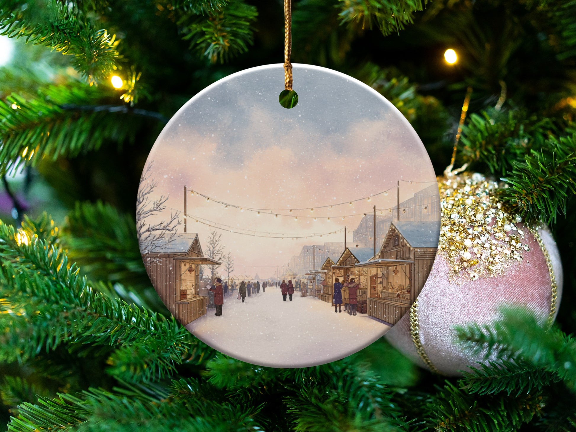 Festive Christmas Market Scene Ornament for the Holidays