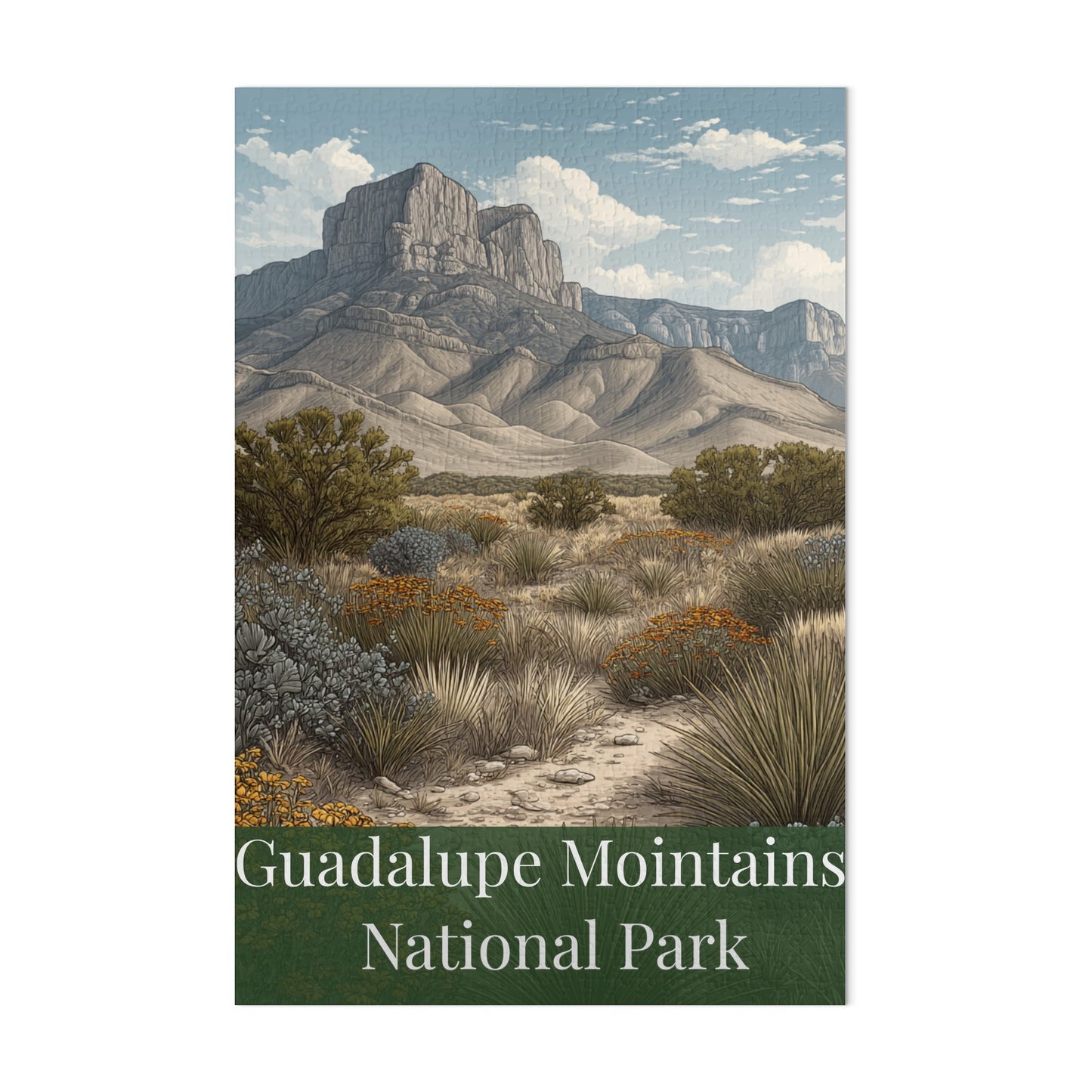Scenic illustrated puzzle featuring Guadalupe Mountains National Park. Perfect for national park lovers, nature enthusiasts, and anyone who enjoys a relaxing yet engaging puzzle experience.
