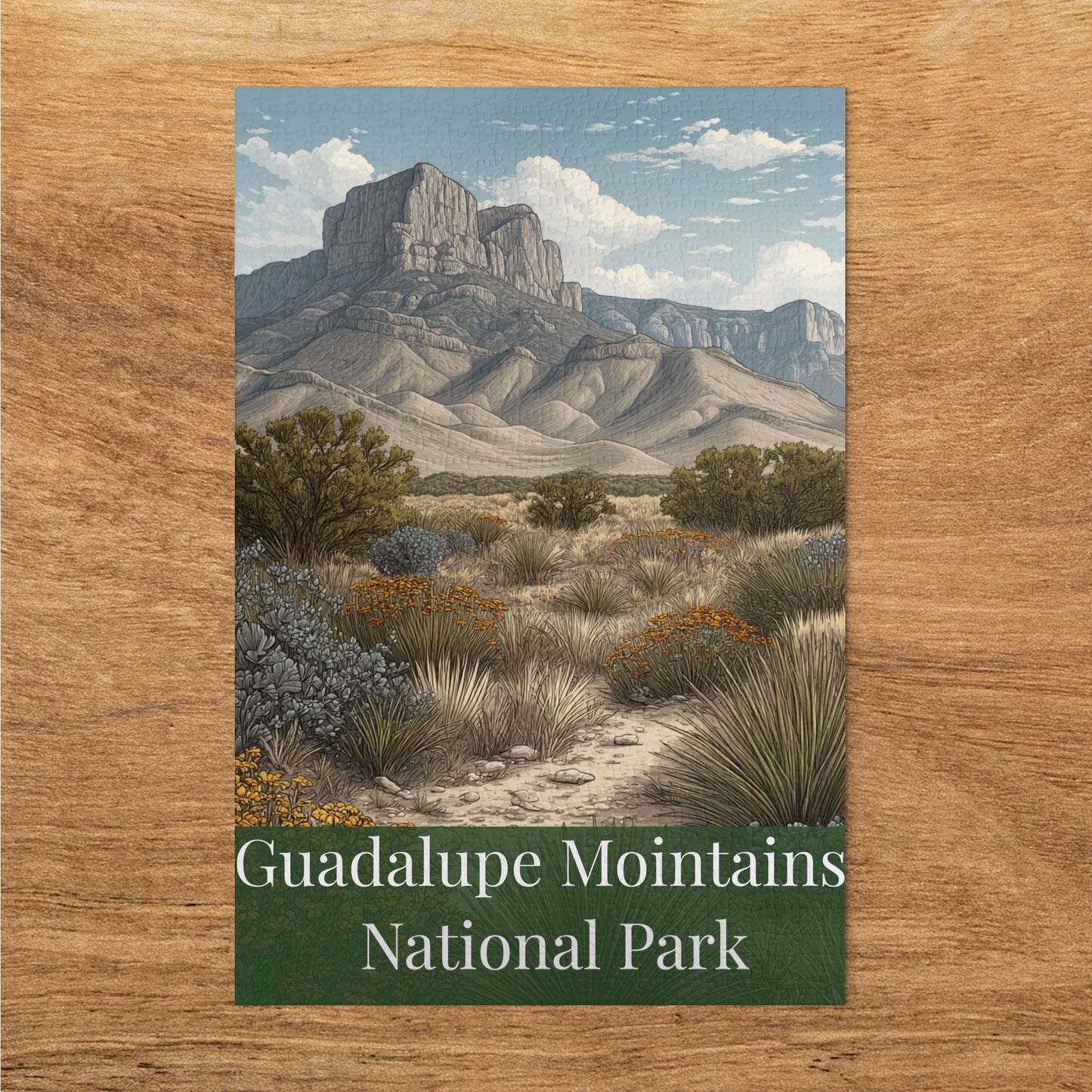 Scenic illustrated puzzle featuring Guadalupe Mountains National Park. Perfect for national park lovers, nature enthusiasts, and anyone who enjoys a relaxing yet engaging puzzle experience.